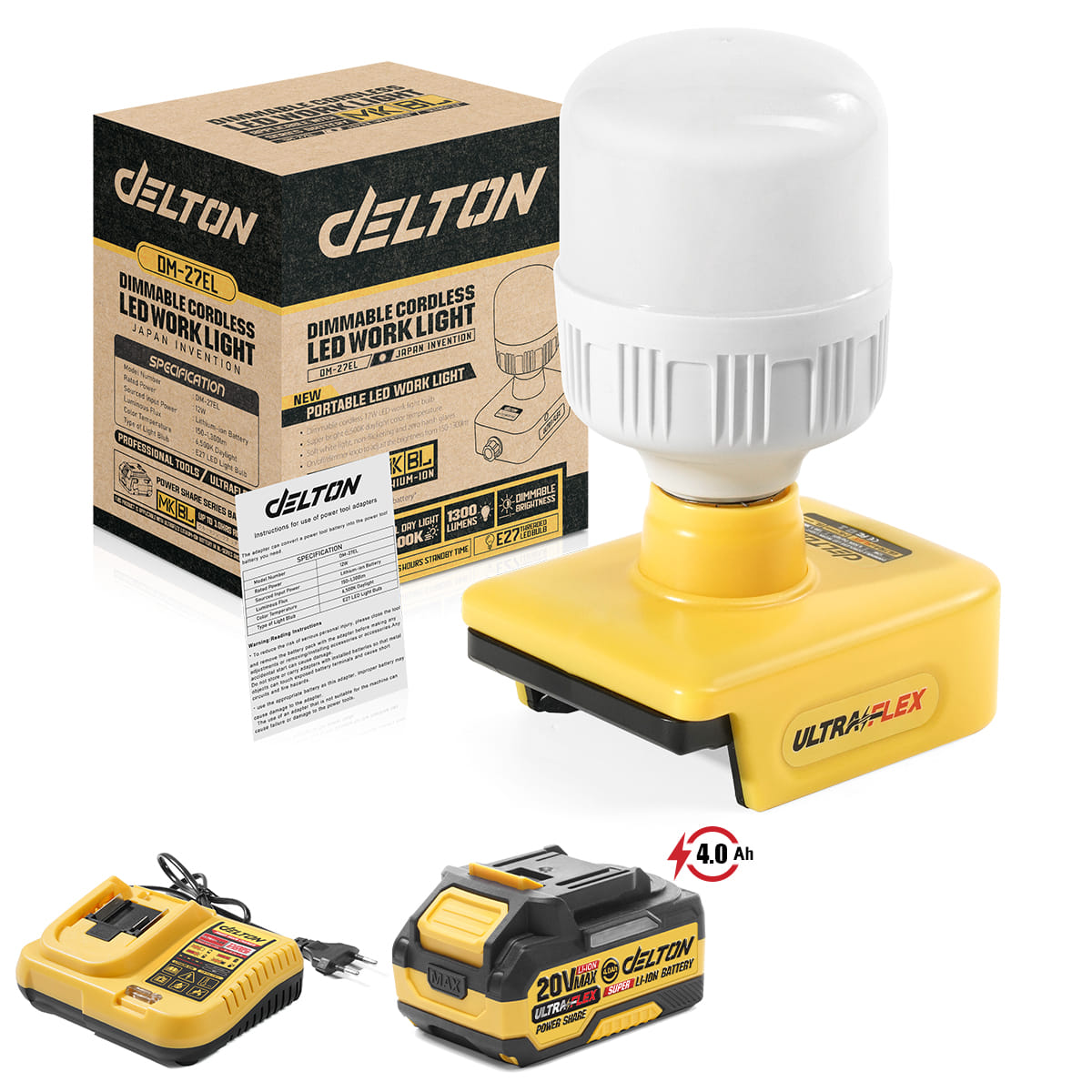 ไฟส่องสว่างไร้สาย (พร้อมแบตเตอรี่) DELTON รุ่น DM-27EL ULTRAFLEX 20V 4AH_1